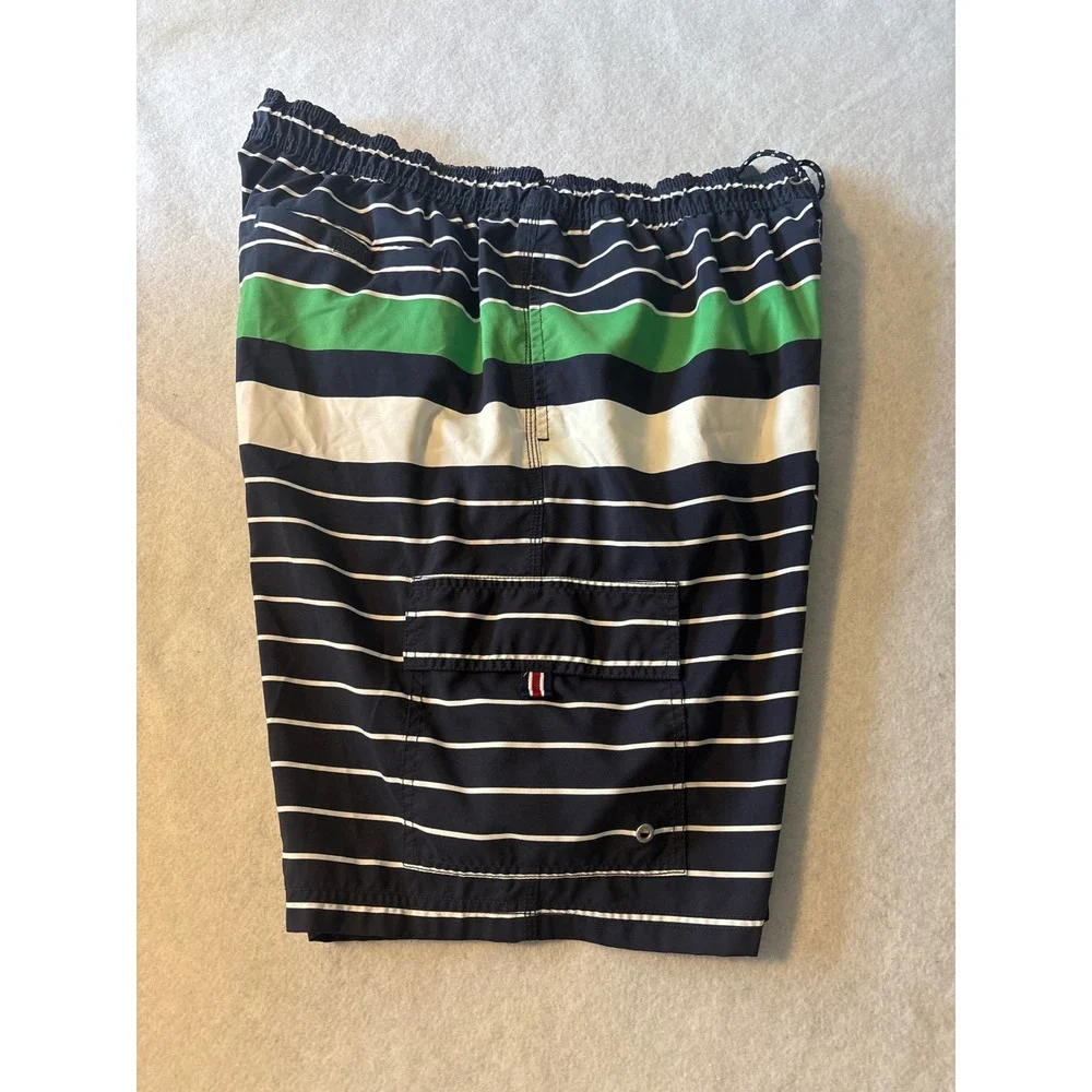 Tommy Hilfiger Mens Striped Swim Trunks Navy Blue‎ Green Board Shorts Large